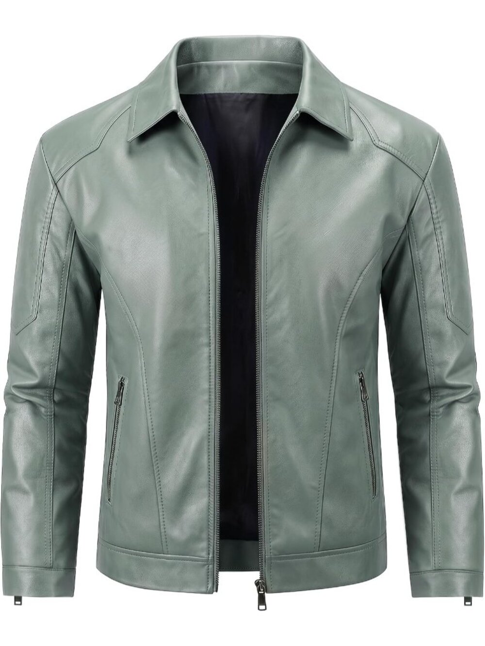 Men's Light Green Faux Leather Motorcycle Jacket Vintage Slim Fit Biker Coat